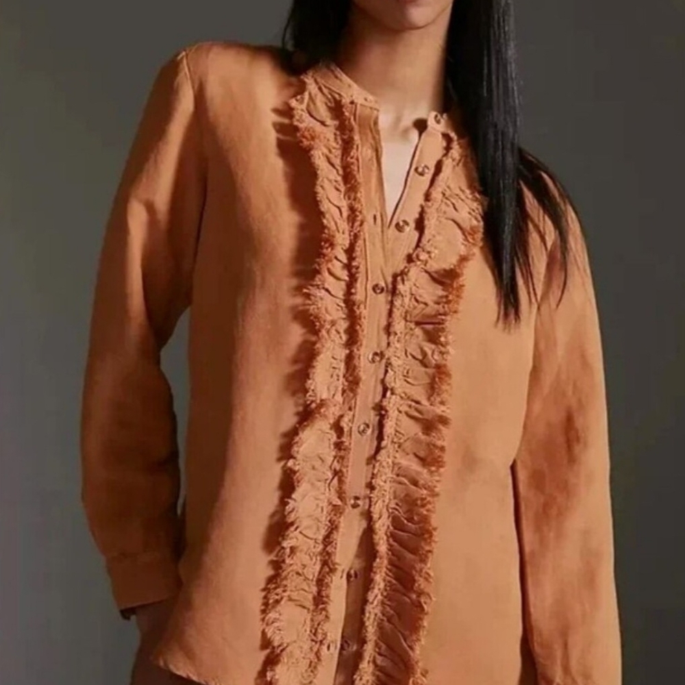 Anthropologie Pilcro Ruffled Button-Up Top In Warm Honey